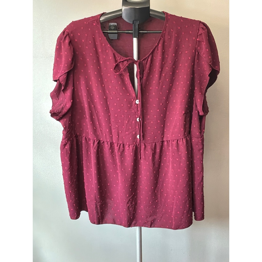 SHEIN Curve Babydoll Top Women 4XL Burgundy Swiss Dot Boho Coquette Blouse